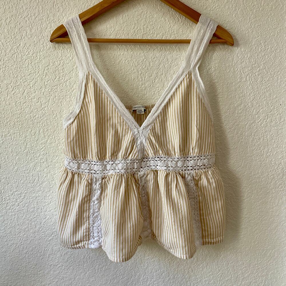 American Eagle Lace Babydoll Crop Top Sz. L Striped Tan and Cream 100% Cotton